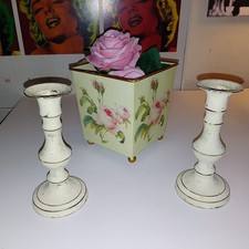 Vintage Shabby Chic Redoute Rose Style Metal Planter Flower Pot & Candlesticks