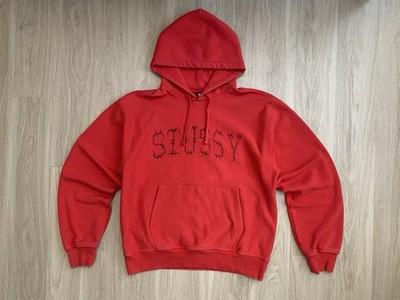 Stussy Barb Wire Logo Hoodie Men s XL Red Heavyweight Graphic Pullover Sweater