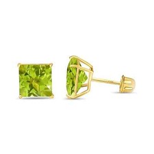 14K Solid Gold Peridot Earring Princess Square Cut August Birthstone Colors