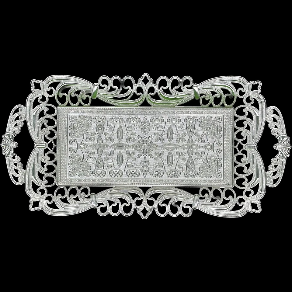 Турецкий чай кофе сервировочный поднос с ручками османский декоративный (серебристый) - Изображение 4 из 4