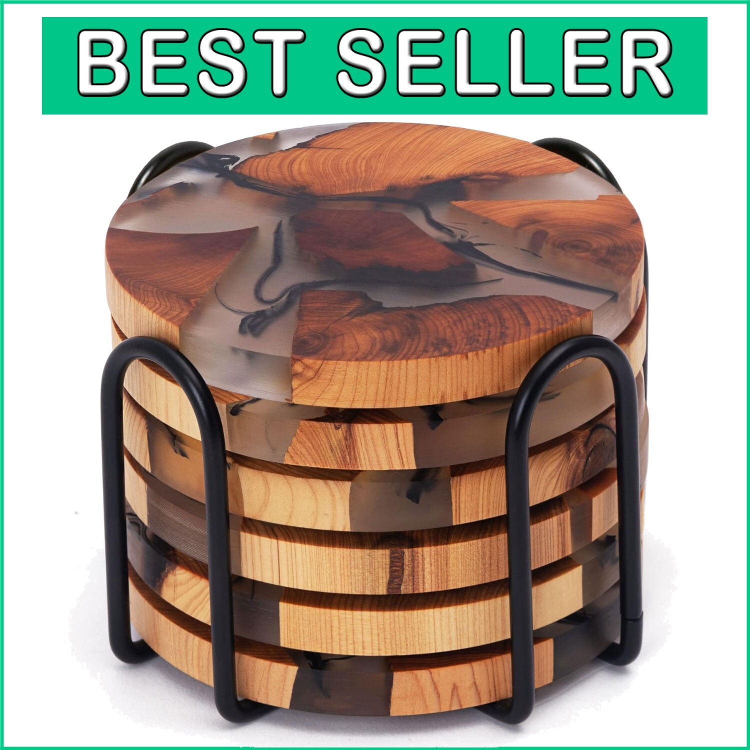Handcrafted Cedar Wood and Epoxy Resin Coasters - Set of 6 with Holder-image