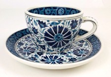 Nassas Rodos Hellas Handmade Greek Pottery Blue White Deer Floral Cup & Saucer 