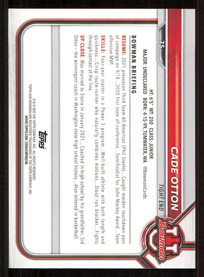2022 Bowman University #75 Cade Otton - Image 2 of 2