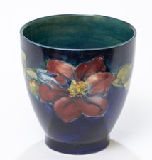 Vintage Moorcroft Pottery Hibiscus Tubelined Vase Blue Ground Mid 20th Century