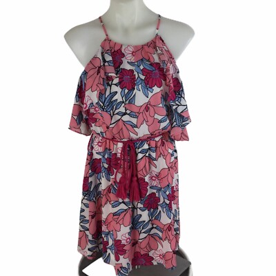 Takara Junior Womens Floral Dress sz S Pink Off Shoulder Ruffle Coastal Luxe