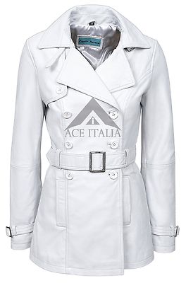 Damen weiß Napa klassisch Trench mittellang Designer Lederjacke Mantel 1123 
