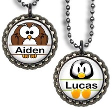 Personalized Kid's Name Owl or Penguin Bottle Cap Necklace w/ Chain Handcrafted