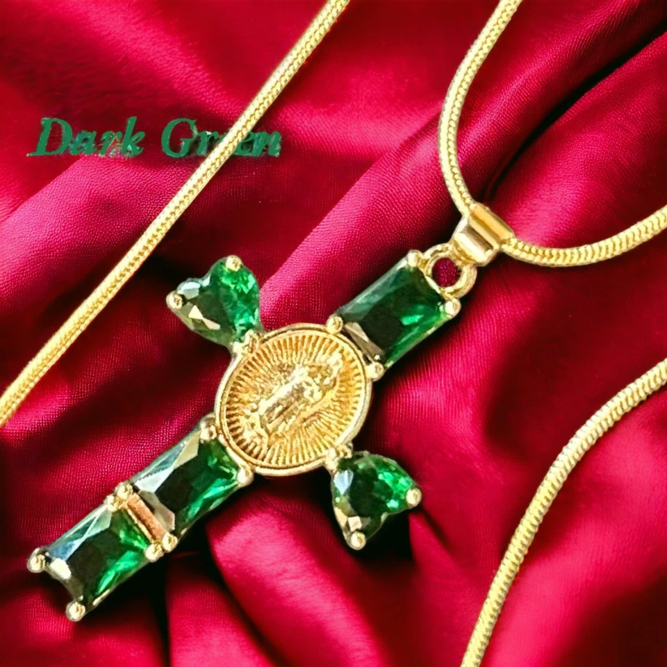 Collar Colgante Cruz Virgen María Religioso Mayo Simulado Esmeralda Moda* Foto 2 de 4