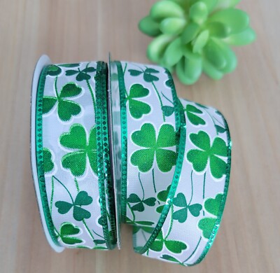 7/8'' (6 YD Lot) St. Patrick s Day Ribbon Four-Leaf Clover Wreath Craft