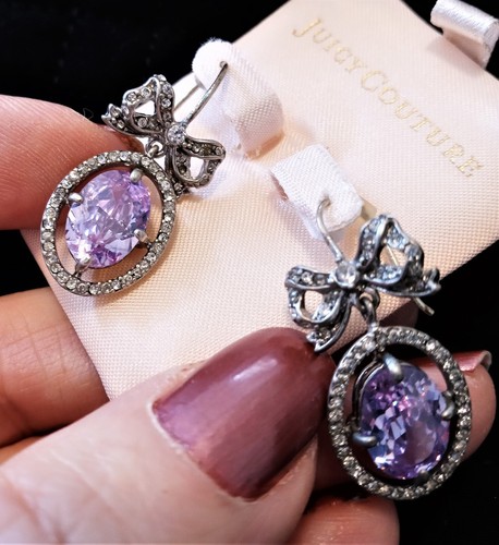 Vintage Y2K JUICY COUTURE Platinum Plated Earrings Bow Center CZ w Pave Drop NEW - Picture 15 of 18