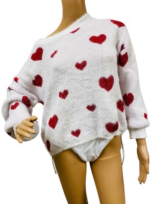 5 Star Fuzzy, Super Soft Valentine s Day Stretchy White & Red Hearts Sweater XL