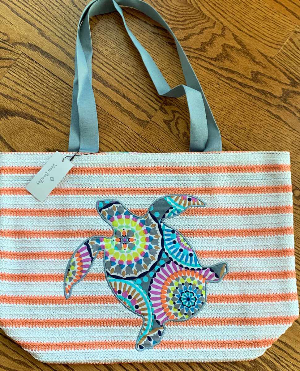 Vera Bradley Sunny Medallion Turtle Orange Stripe Straw Tote Beach Bag New
