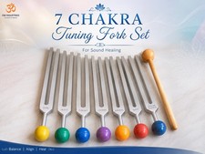 7 CHAKRA Tuning Fork Set with colors Balls Velvet pouch mallet Free shipping