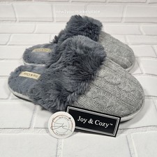 Joy  Cozy Women's Slippers Gray Knit Faux Fur Lined warm house shoes