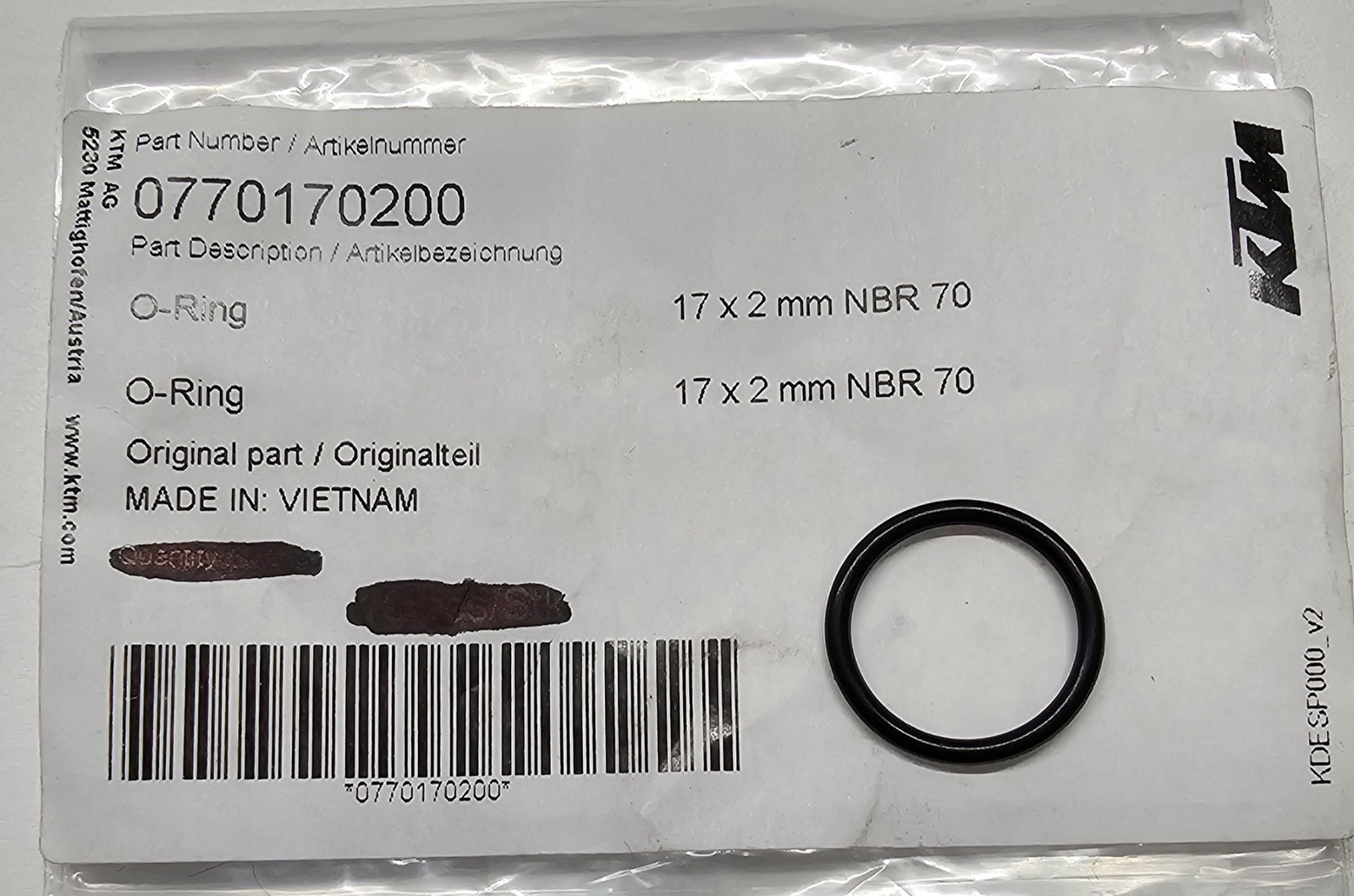 0770170200 O-RING 17 X 2MM NBR 70  GENUINE OEM