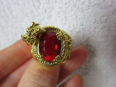 Wide Gold Costume Ring, Dragons on Sides & 3D Dragon, Large Red Stone, Size Q-R