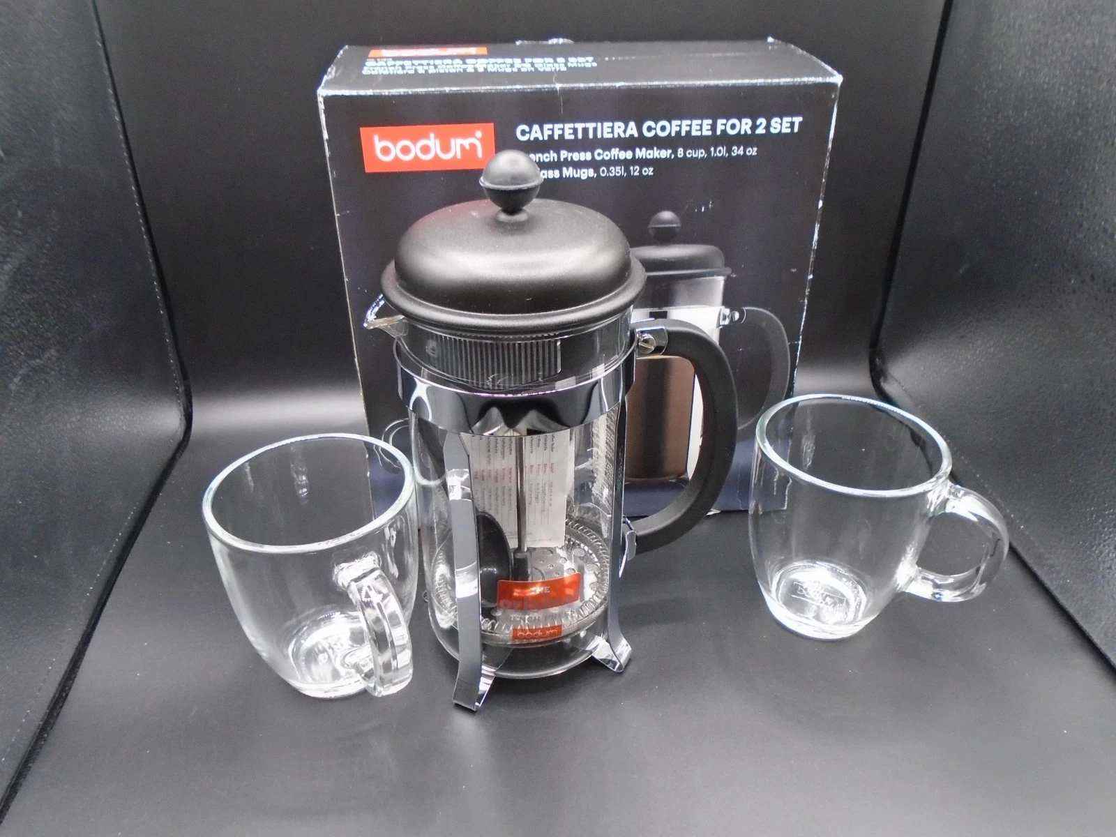Bodum Caffettiera French Press Coffee Maker, 8 Cup Capacity with 2 Glass Mugs