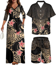 Samoa Couple Outfit Polynesian Dress for Women Traditional Puletasi Shirts for M