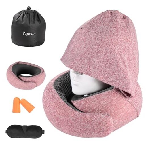 Hooded Memory Foam Travel Neck Pillow for Airplane in Red