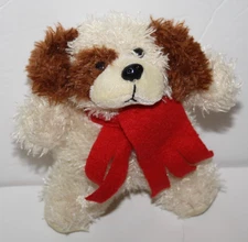 Hugfun Beige Puppy Dog 6" Brown Ear Spot Red Scarf Christmas Mini Plush Soft Toy