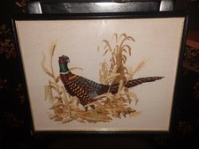 Beautiful Vintage Finished Crewel Embroidery - Pheasant in Wheat- Framed 21"x17"
