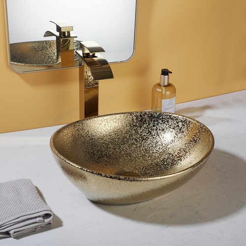16" Gold Bathroom Vessel Sink Oval Ceramic Basin Bowl Combo Faucet And Drain Set - Picture 2 of 8