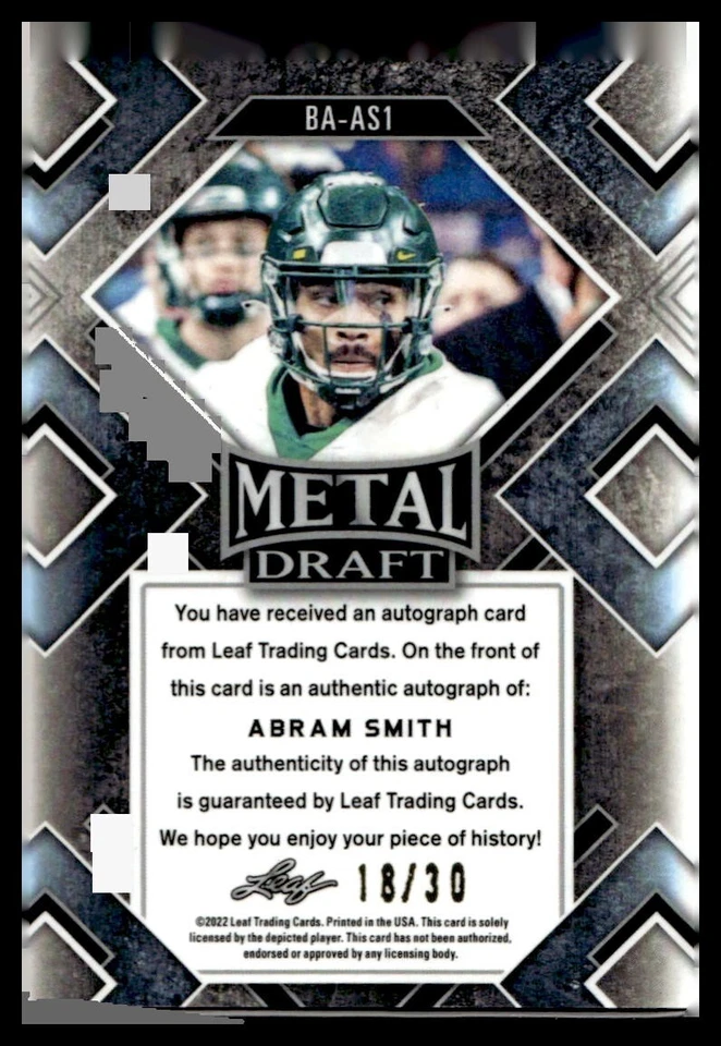 2022 Leaf Metal Draft Prismatic Blue Rookie Auto #BA-AS1 Abram Smith 18/30 - Image 2 of 2