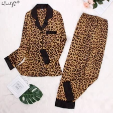 Women Pajamas Sets Silk Homewear Satin Sleepwear Leopard Print Sexy Pijama Night