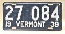 1939 VERMONT License Plate  numbers repainted 0