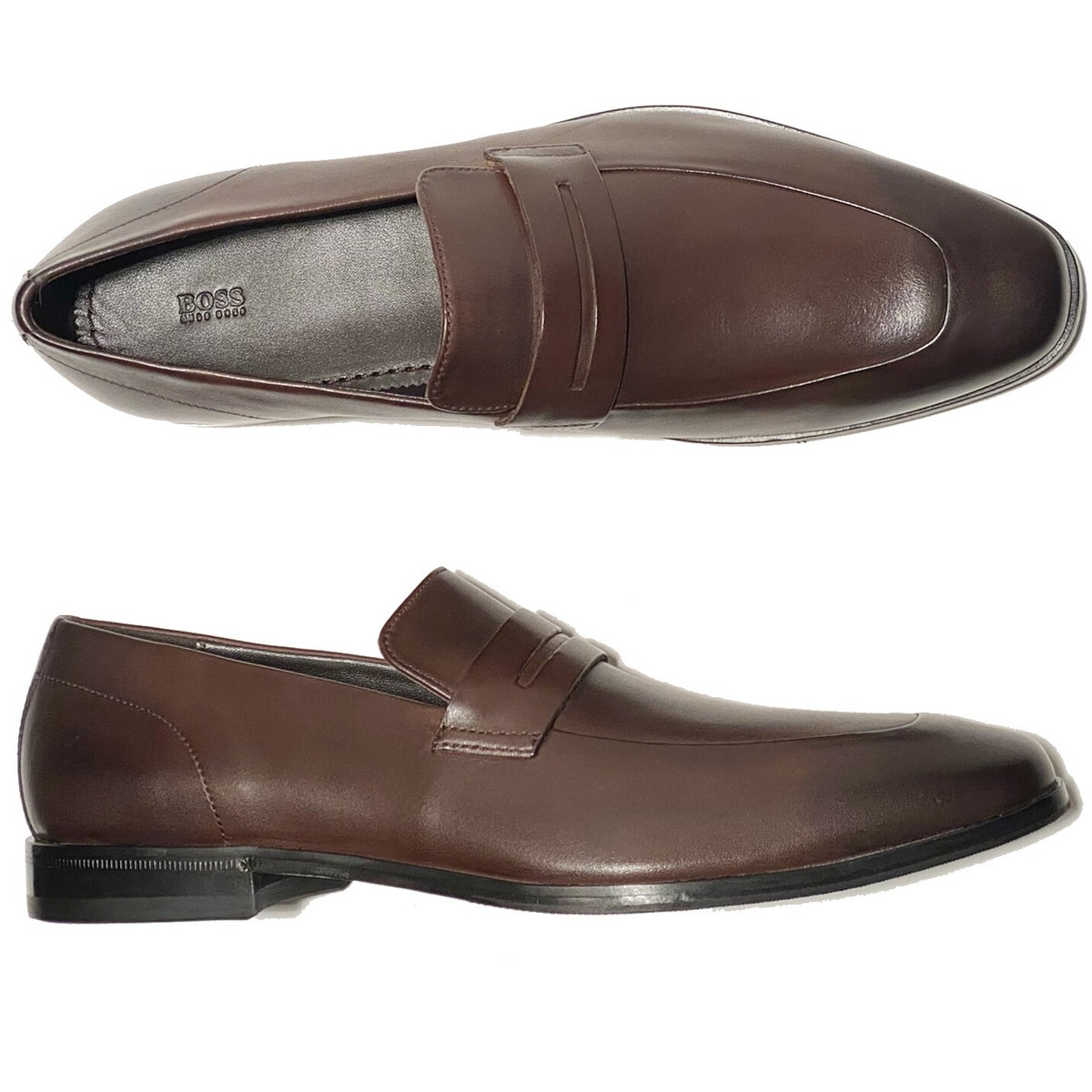 NEW HUGO BOSS Penny Loafers Men's Dark Brown Leather Dress NEW HUGO BOSS Penny Loafers Men's Dark Brown Leather Dress