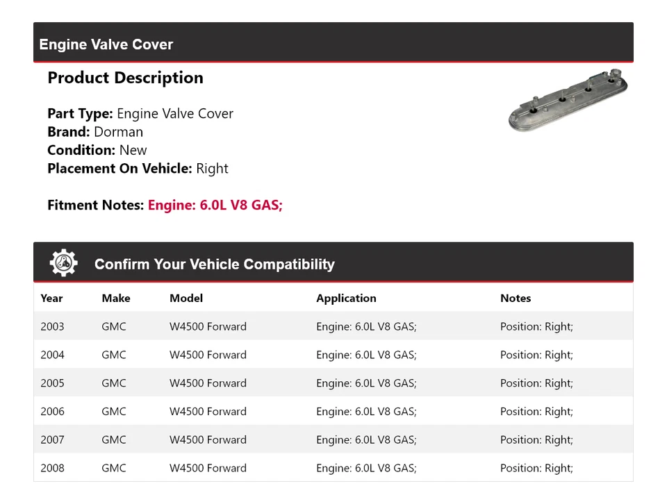 适用于 2003 - 2008 GMC W4500 Forward 6.0L V8 气体 Dorman 发动机阀盖右 — 第 2/4 张图片