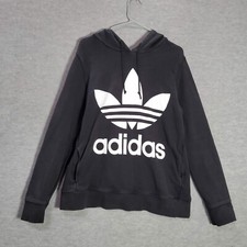 Adidas Women Sweater Medium Black Trefoil Graphic Hoodie Oversized