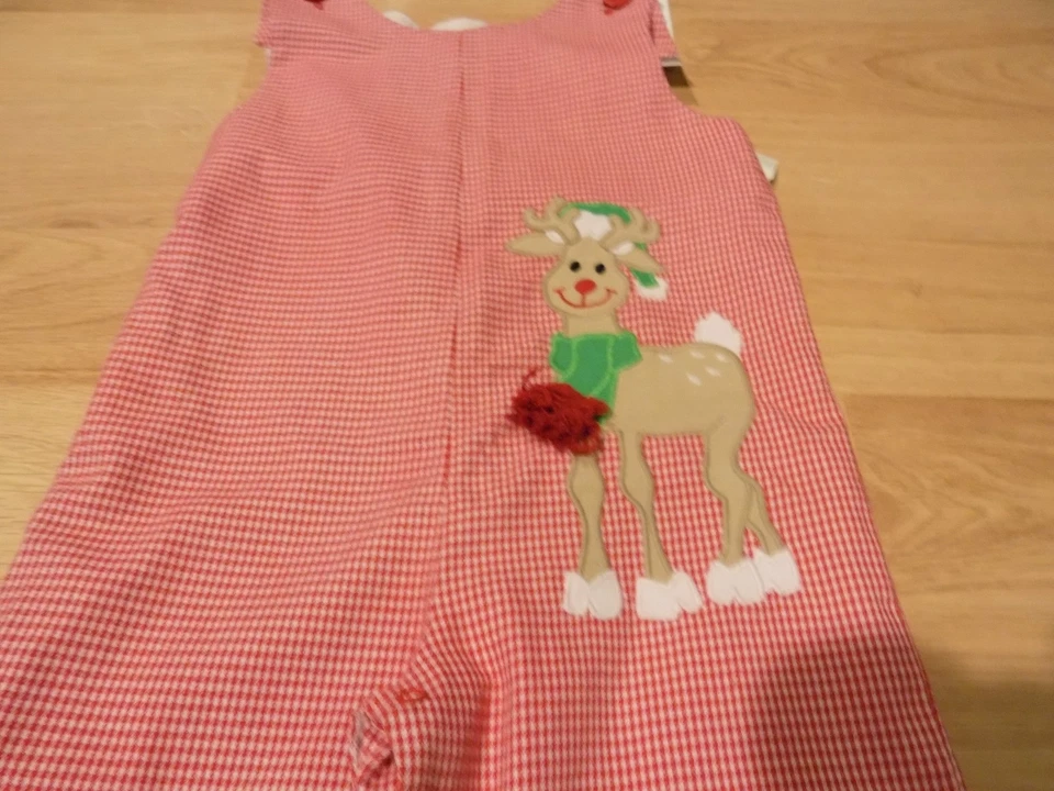 Size 2T Kelly's Kids Red White Plaid Rudolph Reindeer Holiday Longalls Romper  - Image 2 of 4