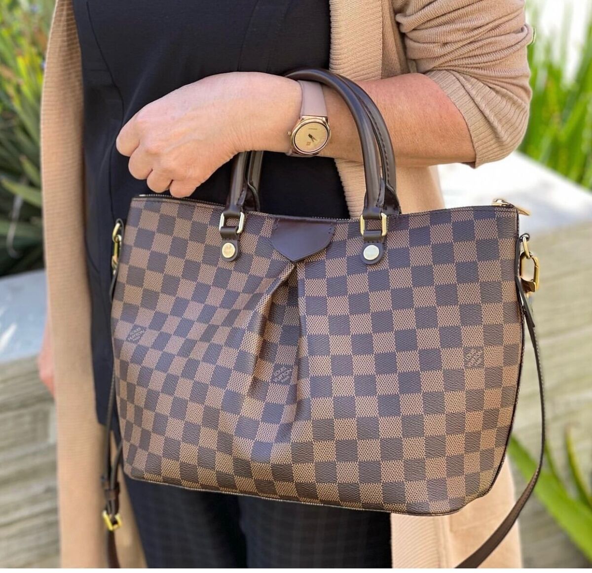 Louis Vuitton Eva Damier Ebene Brown Bag with Brass Hardware