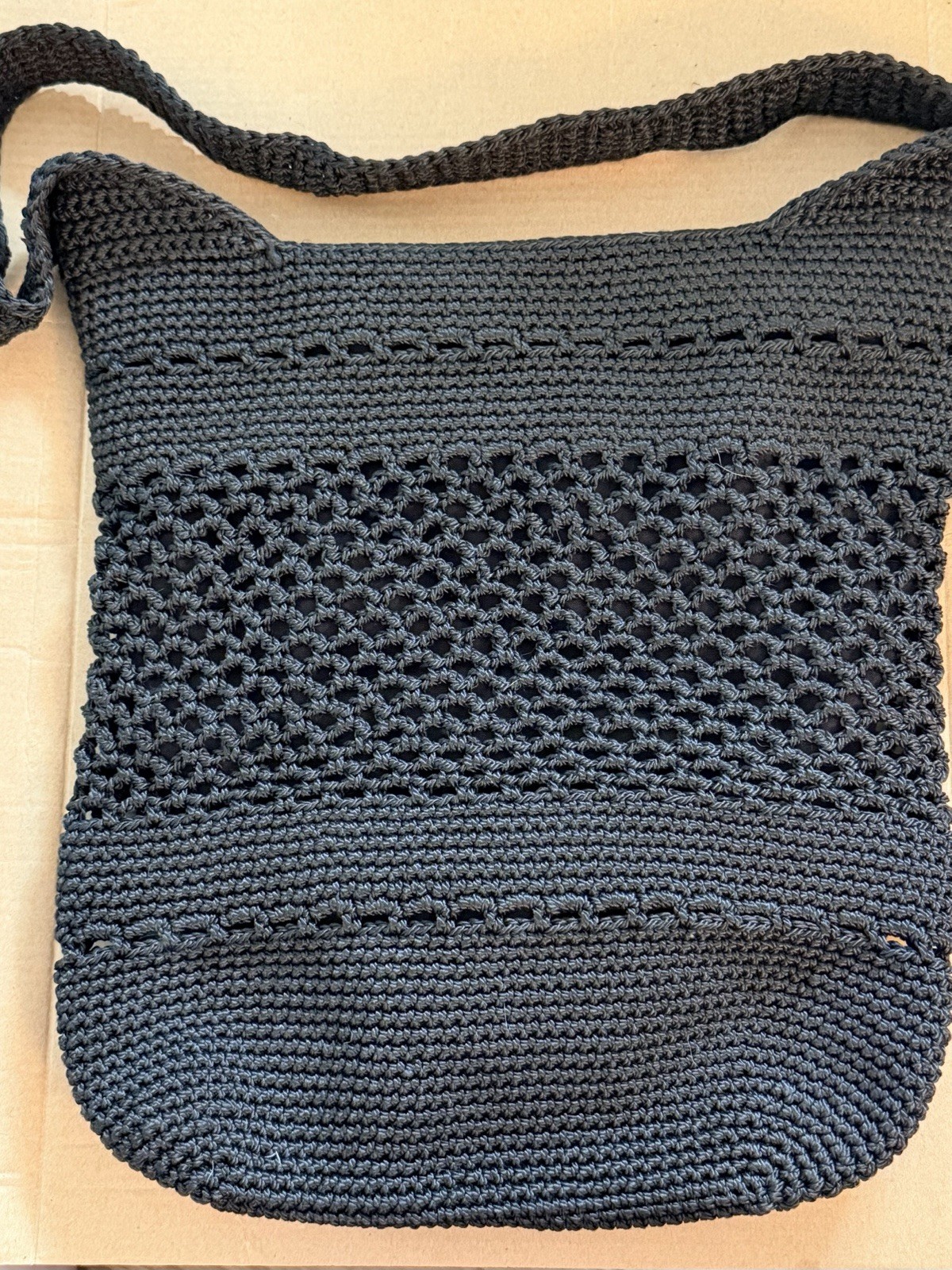 Black Crochet Shoulder Bag Boho Hobo Purse Top Zip Cotton Lined Lightweight 8x10