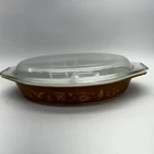 Pyrex Early American Harvest Divided Casserole Dish 1.5 Quart Brown Gold Decals