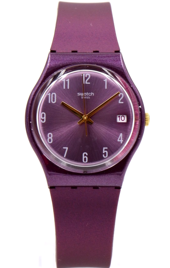 New Swiss Swatch Originals PEARLYPURPLE Silicone Date Watch 34mm