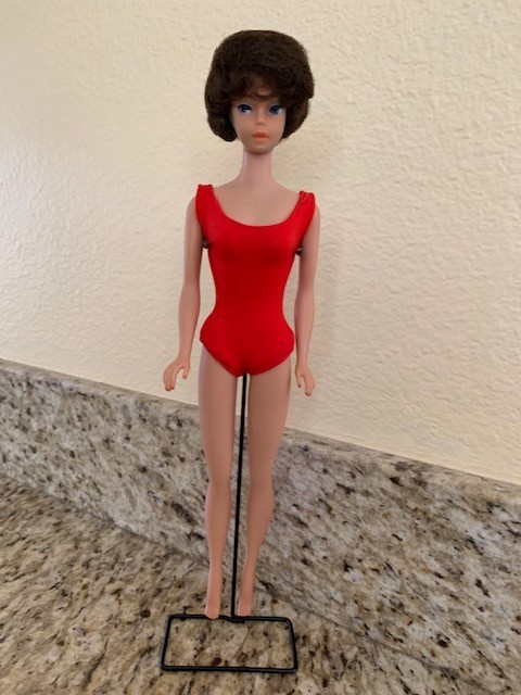 1963 Barbie Doll Vintage Brunette Bubble Cut in Original Red Swimsuit w/Stand