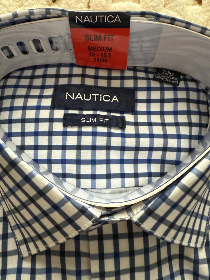 Camisa masculina NAUTICA xadrez azul com botões slim fit elástica nova com etiquetas 15-15.5 34/35 - Imagem 4 de 4