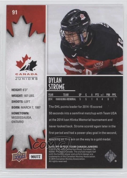 2015 Upper Deck Team Canada Juniors Dylan Strome #91 - Image 2 of 2