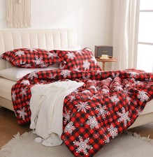 Red Buffalo Plaid Snowflakes Christmas Comforter Set King Size, 3 Piece Holiday