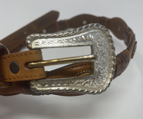 Genuine Brown Mens Leather Belt Braid Concho Silver Western Cowhide Sz 30 - Picture 2 of 6