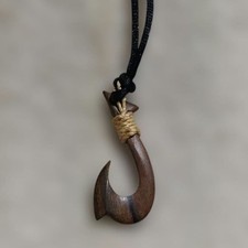 Koa Wood Fish Hook Necklace Adjustable Hawaii Rare Vintage Used
