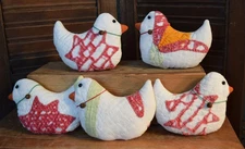 Primitive 5 Old Quilt Chicks Bowl Fillers Chickens Hens Red Green Cupboard Tucks