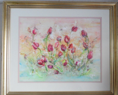 Aquarell signiert Irene weiße Tulpen Blumenstillleben groß in gold gerahmt