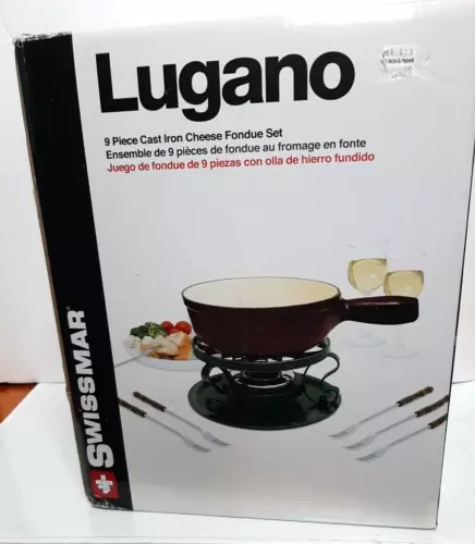 Swissmar Lugano 2L / 2 Qt 9-Pc Cast Iron Fondue Set Matte Black W/6 forks