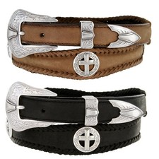 Antique Silver Cross Conchos Crazy Horse Scalloped Genuine Leather Western Belt