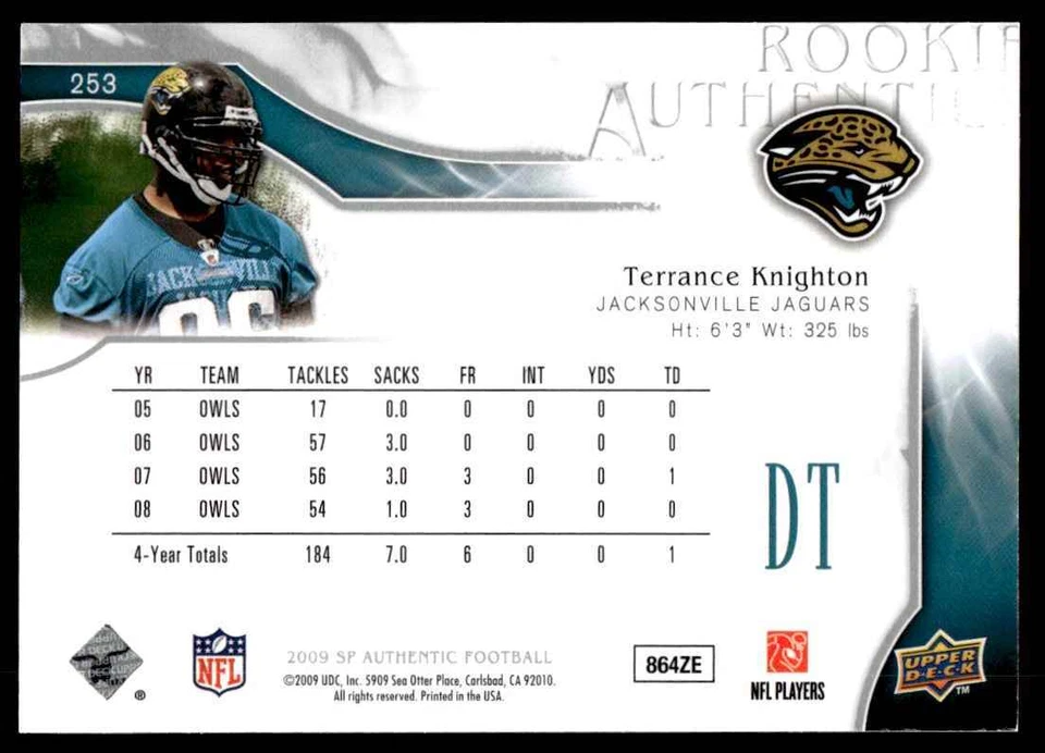 2009 SP Authentic Terrance Knighton Rookie 516/999 Jacksonville Jaguars #253 R65 - Image 2 of 2