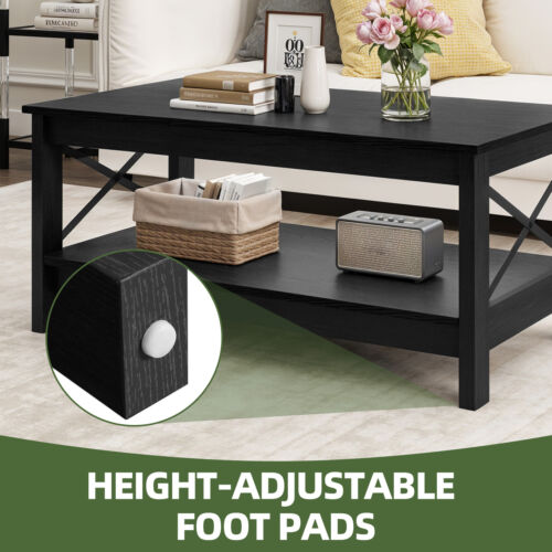 Xelsyo Farmhouse Coffee Table w/Storage Shelf Rectangular Table for Living Room - Picture 4 of 8
