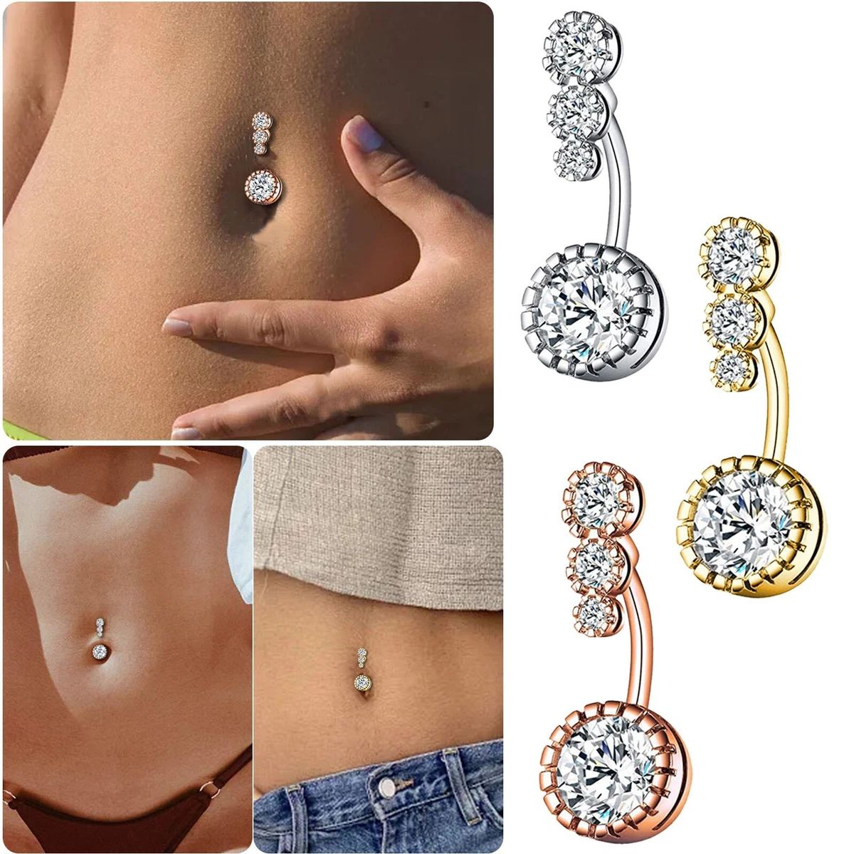 14G Double Gem 316L Surgical Steel Navel Ring Belly Button Ring 6mm to 16mm  | eBay